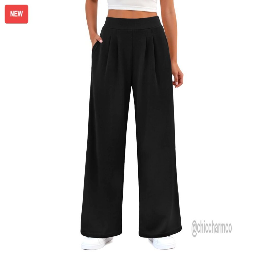 Wide Leg Palazzo Pants High Waist Elastic Casual Trousers with Pockets